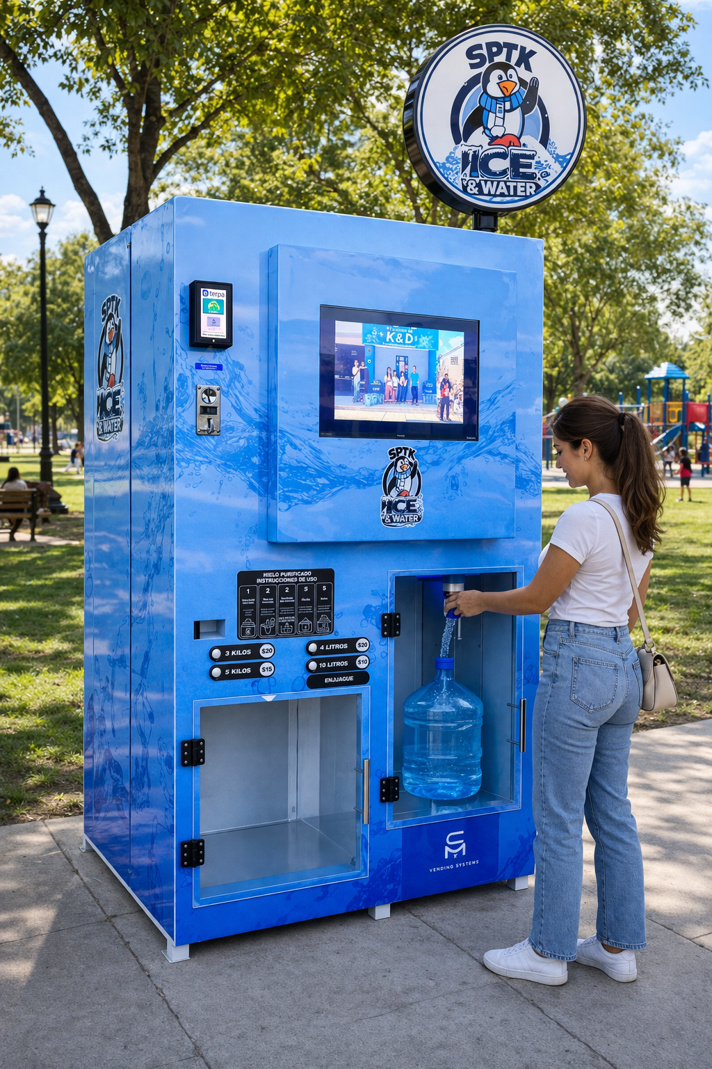 Equipo dúplex móvil agua y hielo MC VENDING SYSTEMS en punto de operación