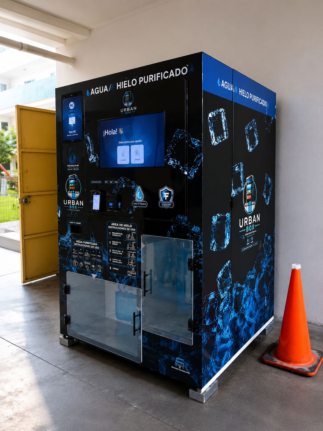 Vista frontal del kiosco dúplex móvil de agua purificada y hielo