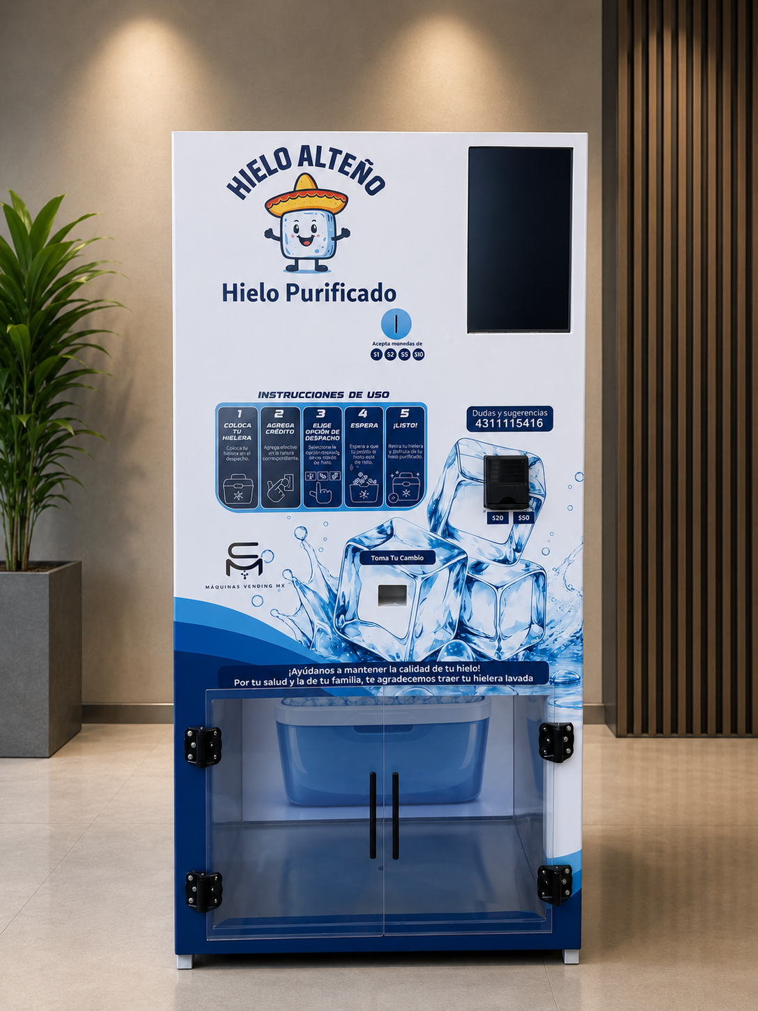 Vista frontal de la máquina fija de hielo MC VENDING SYSTEMS