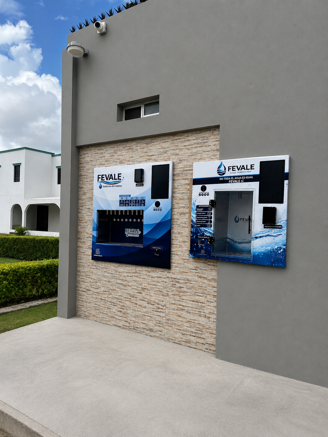 Equipo de limpieza y agua purificada instalado en fachada comercial