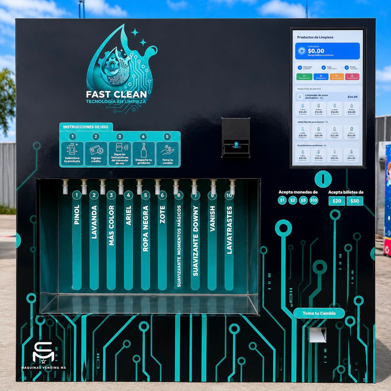 Vista frontal de la máquina fija de productos de limpieza MC VENDING SYSTEMS